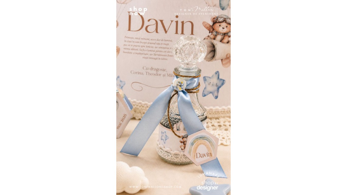 Trusou Botez Băieți Little Aviator Ursuleț Aviator Personalizat Bleu Pudrat si Ivory 6